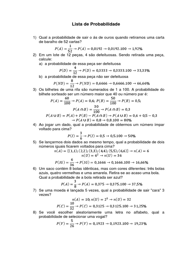 Lista de Exercícios - Probabilidade I | PDF | Artes (geral) | Science