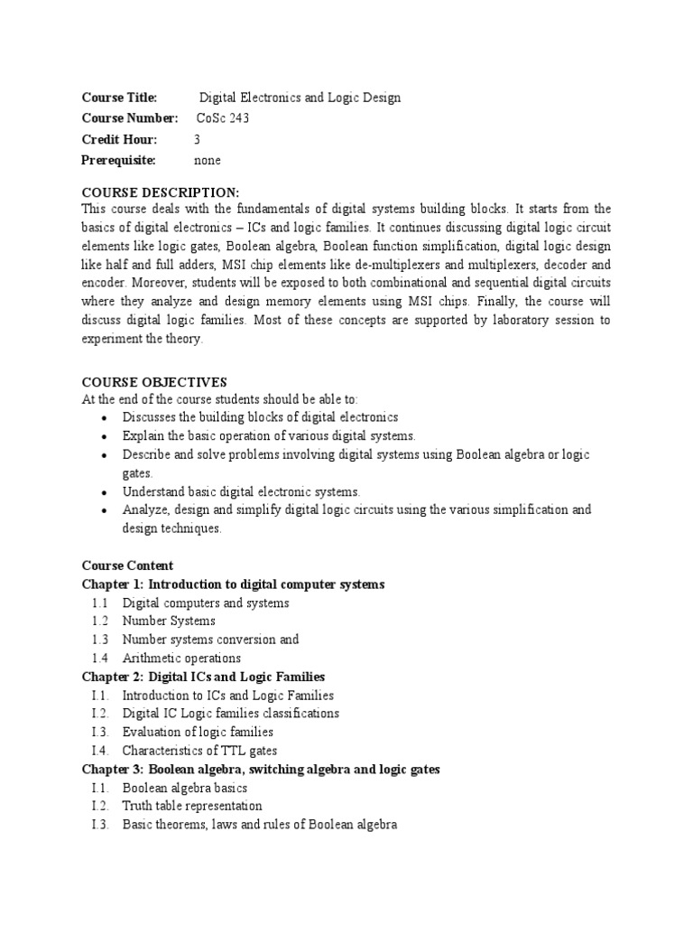 Courseoutline Digital Electronics and Logic Design | PDF | Logic Gate ...