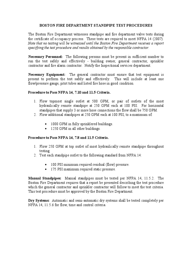 Boston Standpipe Testing Procedures | PDF