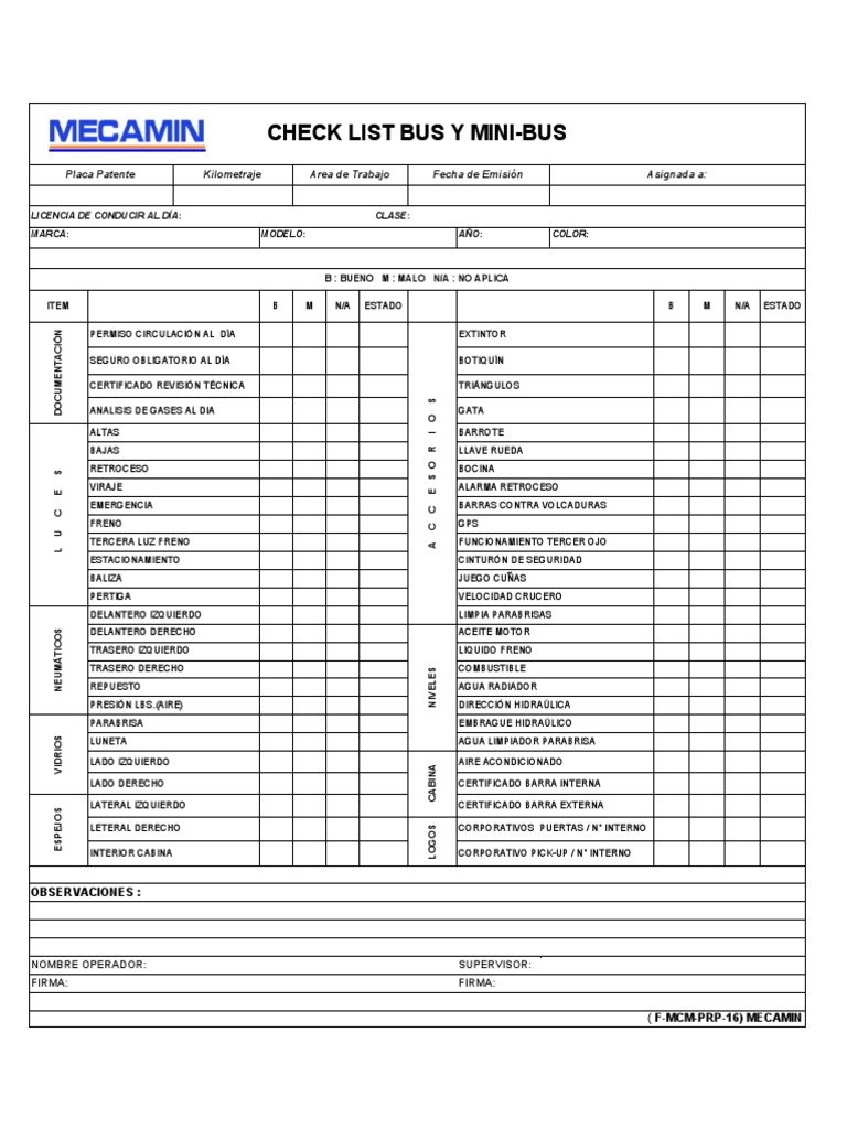 Checklist para Buses y Mini-Buses | PDF | Vehículos de ruedas ...