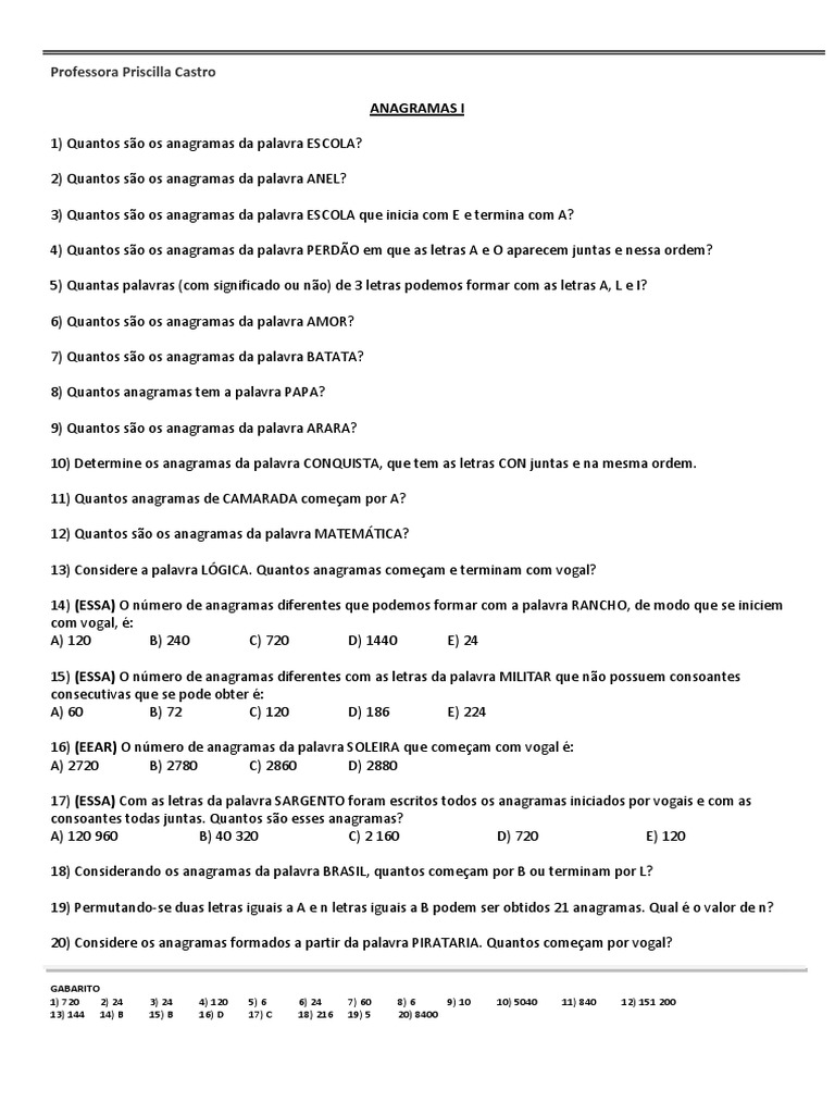 Exercícios de Anagramas e Respostas | PDF