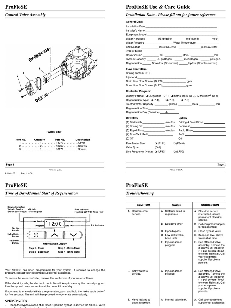 ProFloSE Water Softener Manual | PDF | Sodium Chloride | Valve