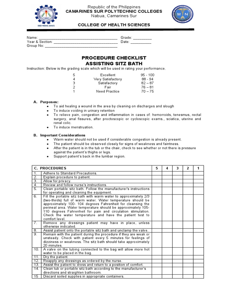 Procedure Checklist Assisting Sitz Bath Camarines Sur Polytechnic Colleges Download Free PDF