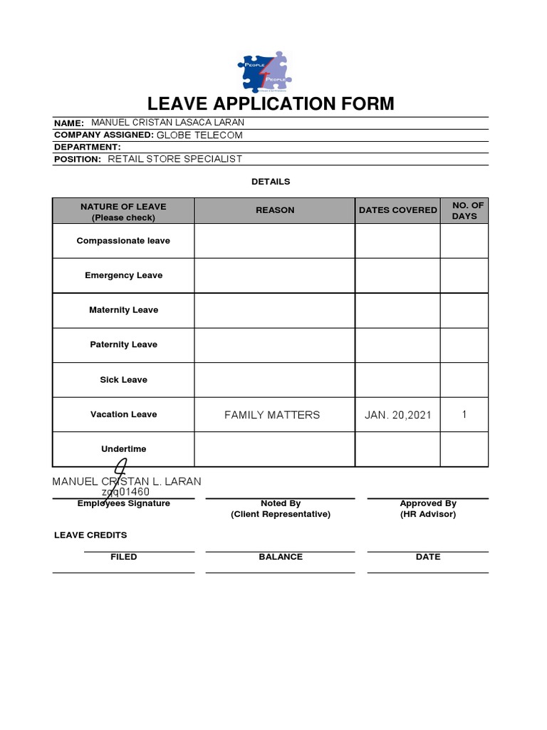 Retail Employee Leave Application Form | PDF