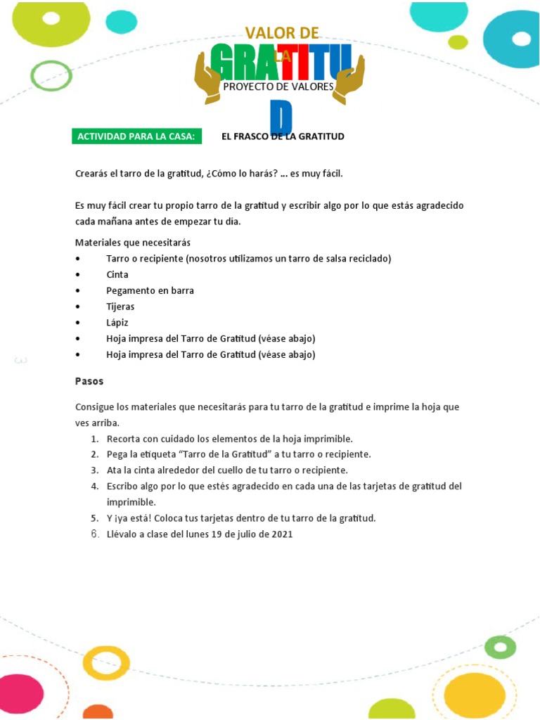 Tarro de la Gratitud para Niños | PDF | Crecimiento personal y ...