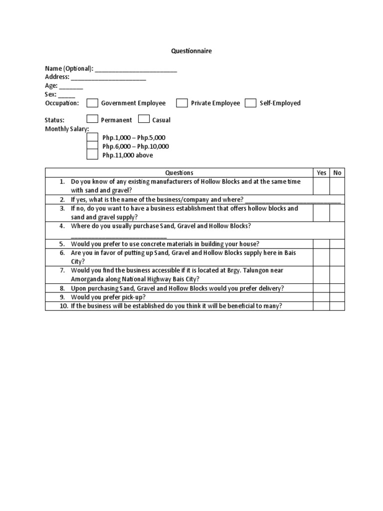Hollow Blocks Supply Questionnaire | PDF | Career & Growth