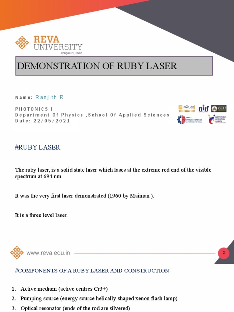 Demonstration of Ruby Laser: Ranjith R | PDF | Laser | Photonics