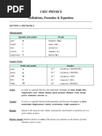 Formulae and Definitions - Section A (Mechanics)