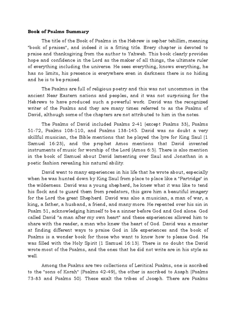 Book Of Psalms Summary Pdf Psalms David