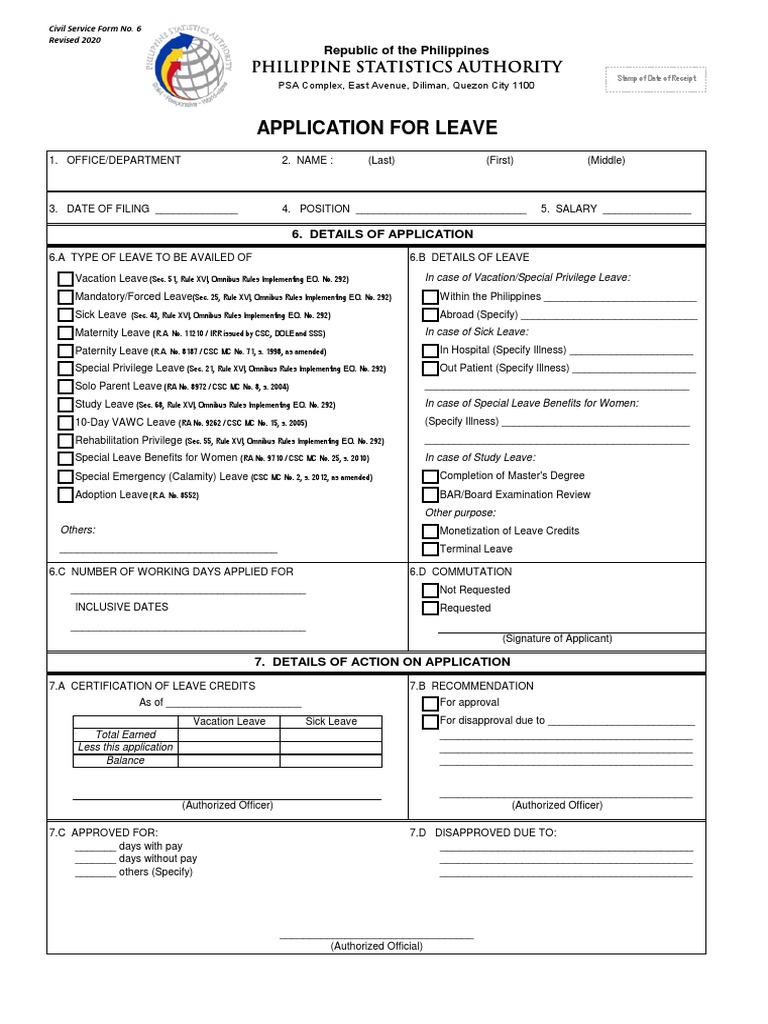 Application For Leave: Philippine Statistics Authority | PDF | Sick ...