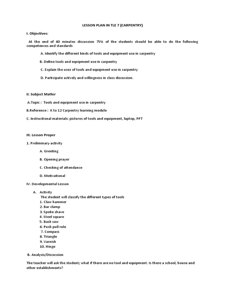 Carpentry Lesson Plan for Grade 7 | PDF | Carpentry | Tools