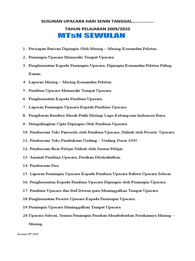 Susunan Upacara Hari Senin Tanggal