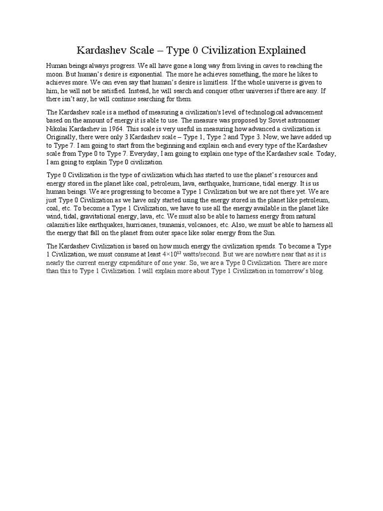 Understanding Type 0 Civilization on Kardashev Scale | PDF | Young Adult