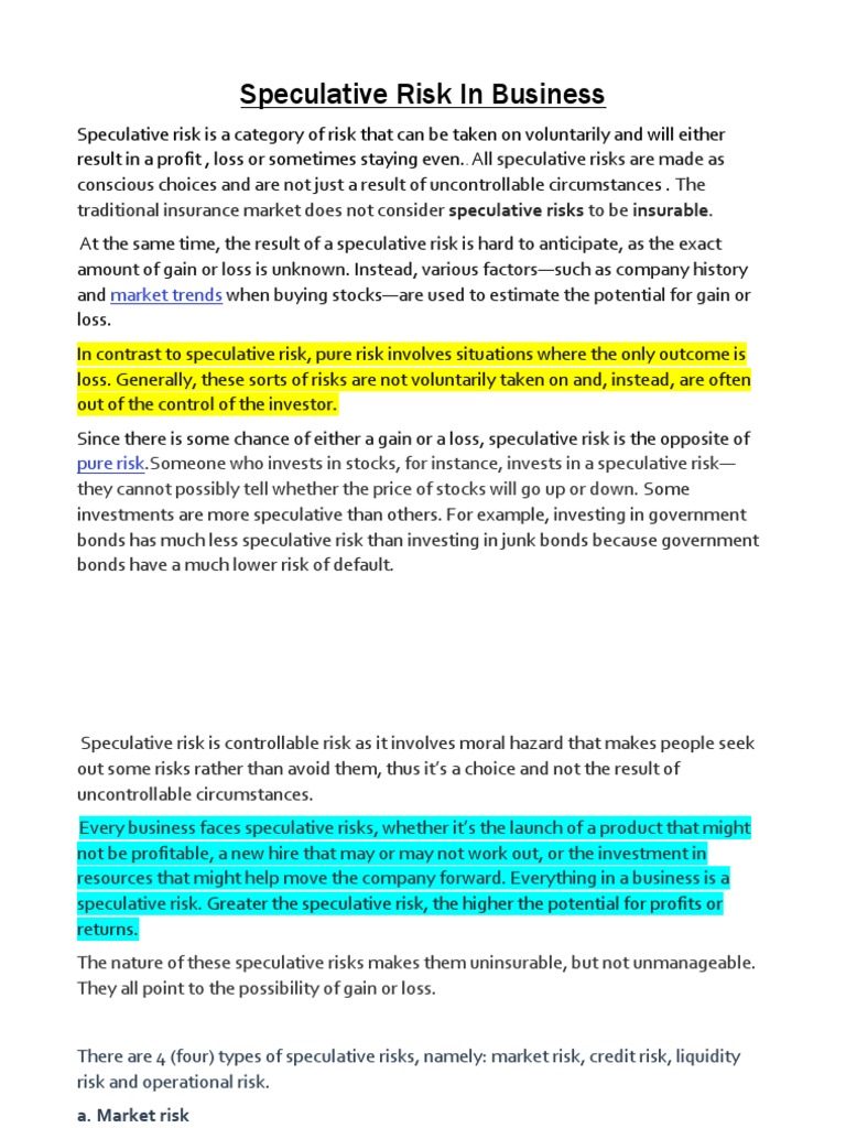 Speculative Risk in BusinessBst 1 PDF Risk Market Liquidity