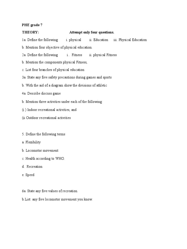 PHE Grade 7 THEORY: Attempt Only Four Questions | PDF | Physical ...