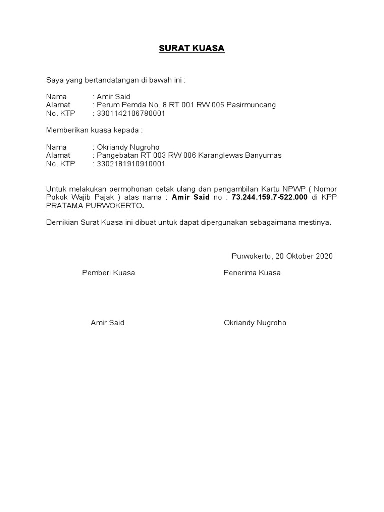 Surat Kuasa Pengambilan NPWP | PDF