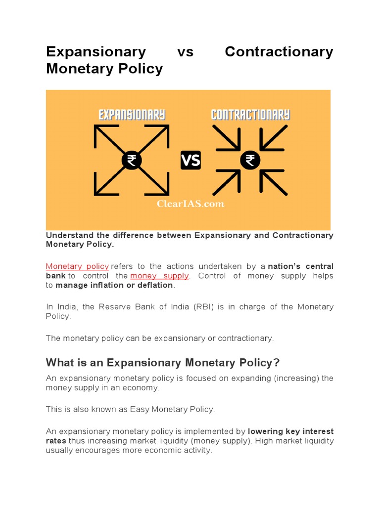 Expansionary Vs Contractionary Monetary Policy | PDF | Monetary Policy |  Interest Rates