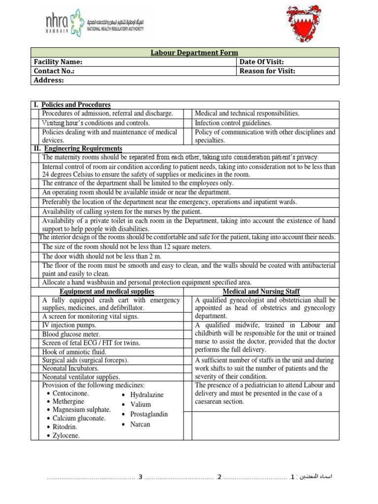 Labour Department Form Facility Name: Date of Visit: Contact No ...