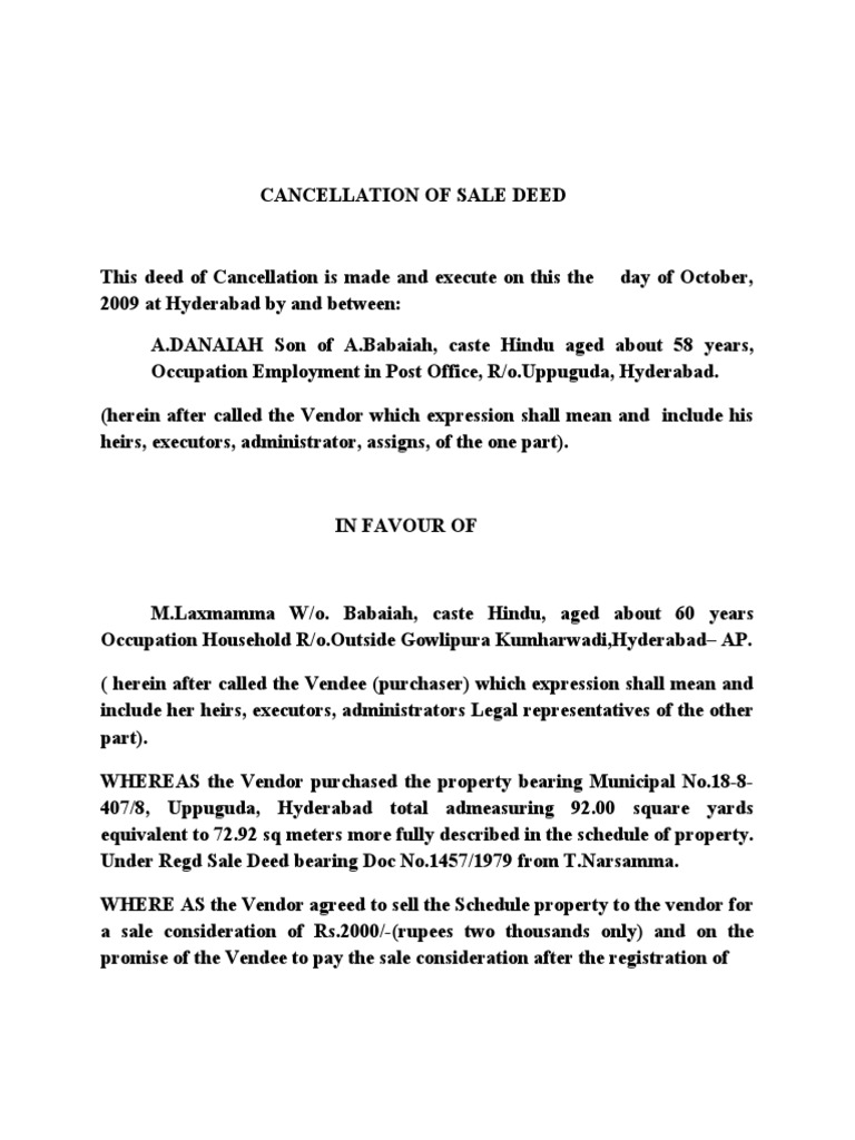 Cancellation of Sale Deed Relinquishing Rights and Restoring Ownership