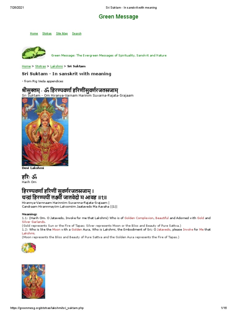 Sri Suktam in Sanskrit With Meaning PDF Devi Mantra
