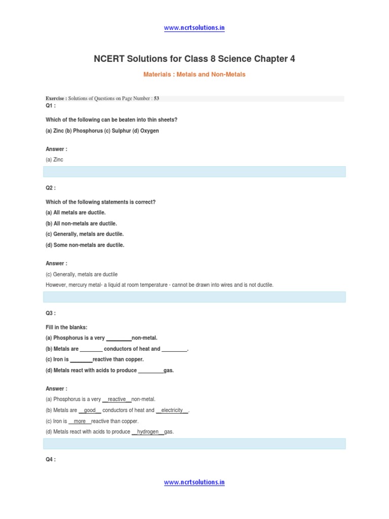 Class 8 Science Chapter 4 Solutions | PDF | Metals | Aluminium
