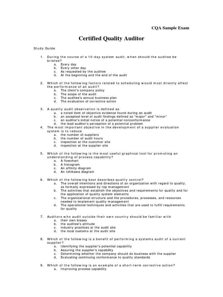 Certified Quality Auditor: CQA Sample Exam | Download Free PDF ...