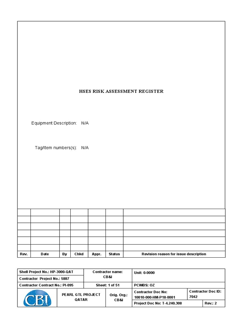 HSES Risk Assessment Register Qatar GTL | PDF | Gas To Liquids | Risk