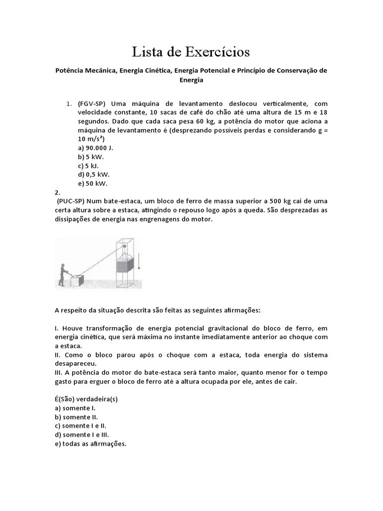 Lista de Exercícios | PDF | Energia potencial | Energia cinética