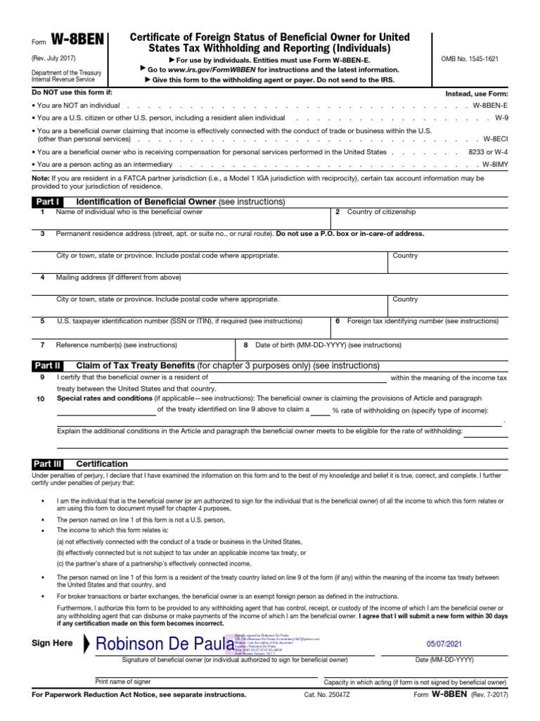 Fw8ben Firmado 2 Pdf Withholding Tax Irs Tax Forms