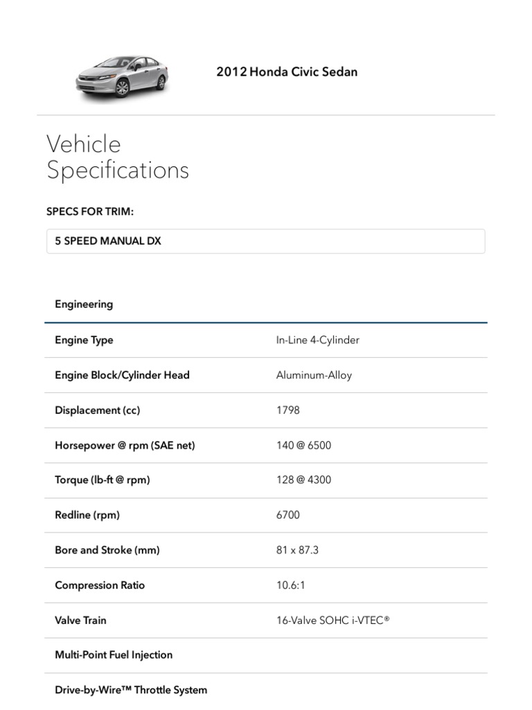 Vehicle Specifications 2012 Honda Civic Sedan Honda Owners Site