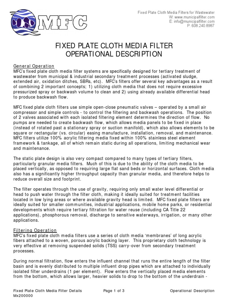 MFC Filter Operational Description | PDF | Filtration | Sewage Treatment