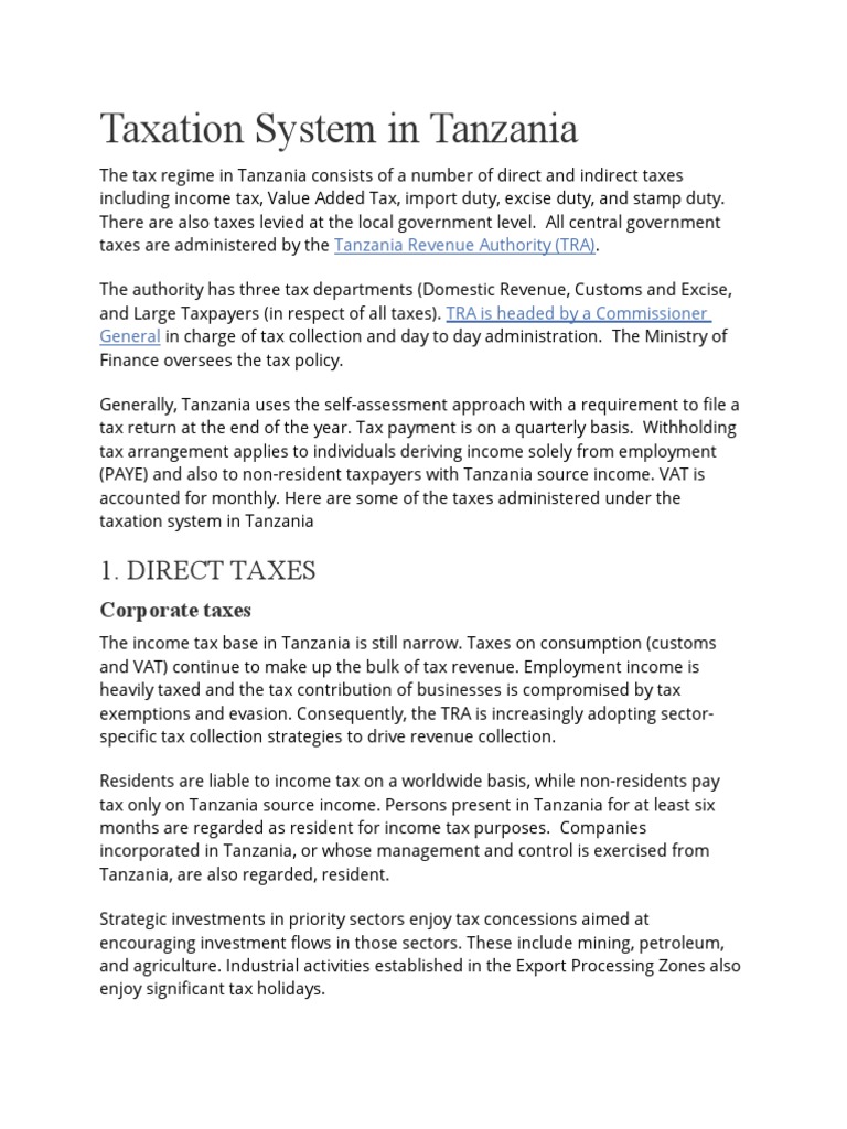Taxation System in Tanzania PDF Taxes Value Added Tax