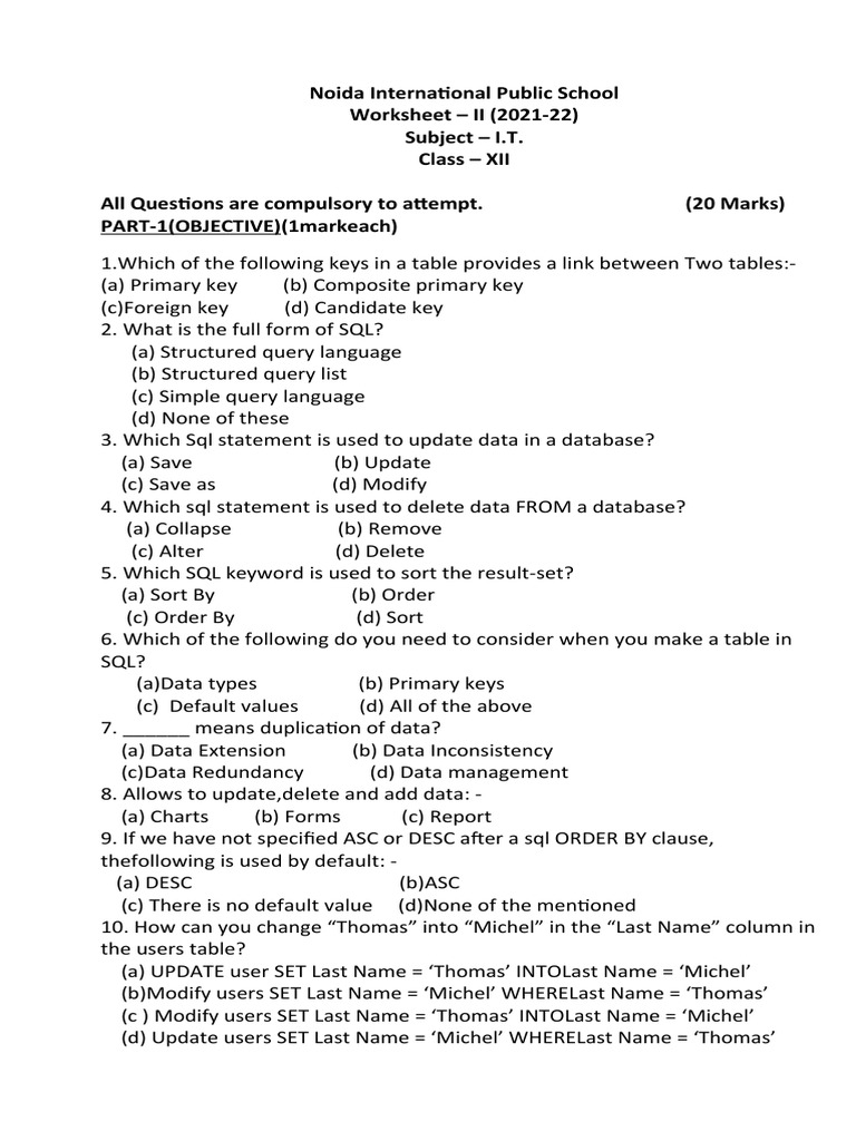 Class XII Worksheet II | Download Free PDF | Sql | Information Management