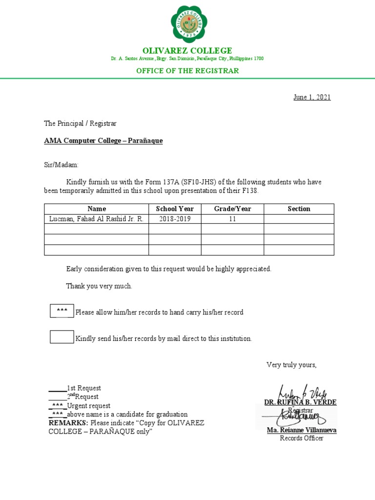 Request for Form 137A Records | PDF