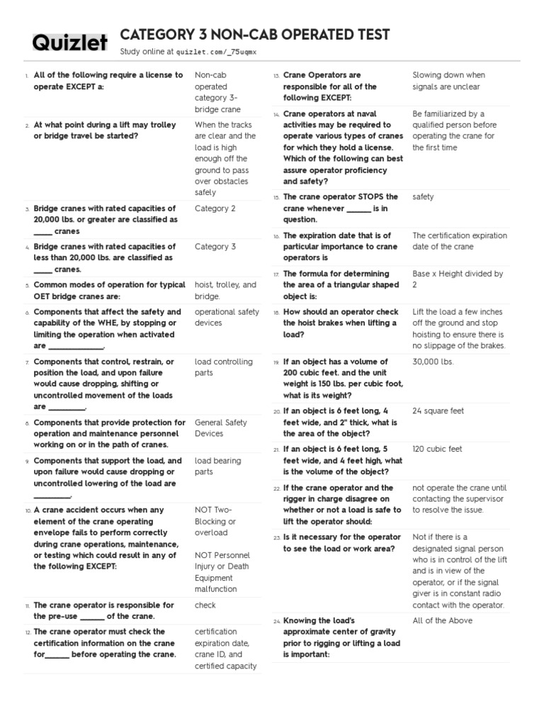 CAT 3 Crane Course Answers PDF Crane (Machine) Elevator