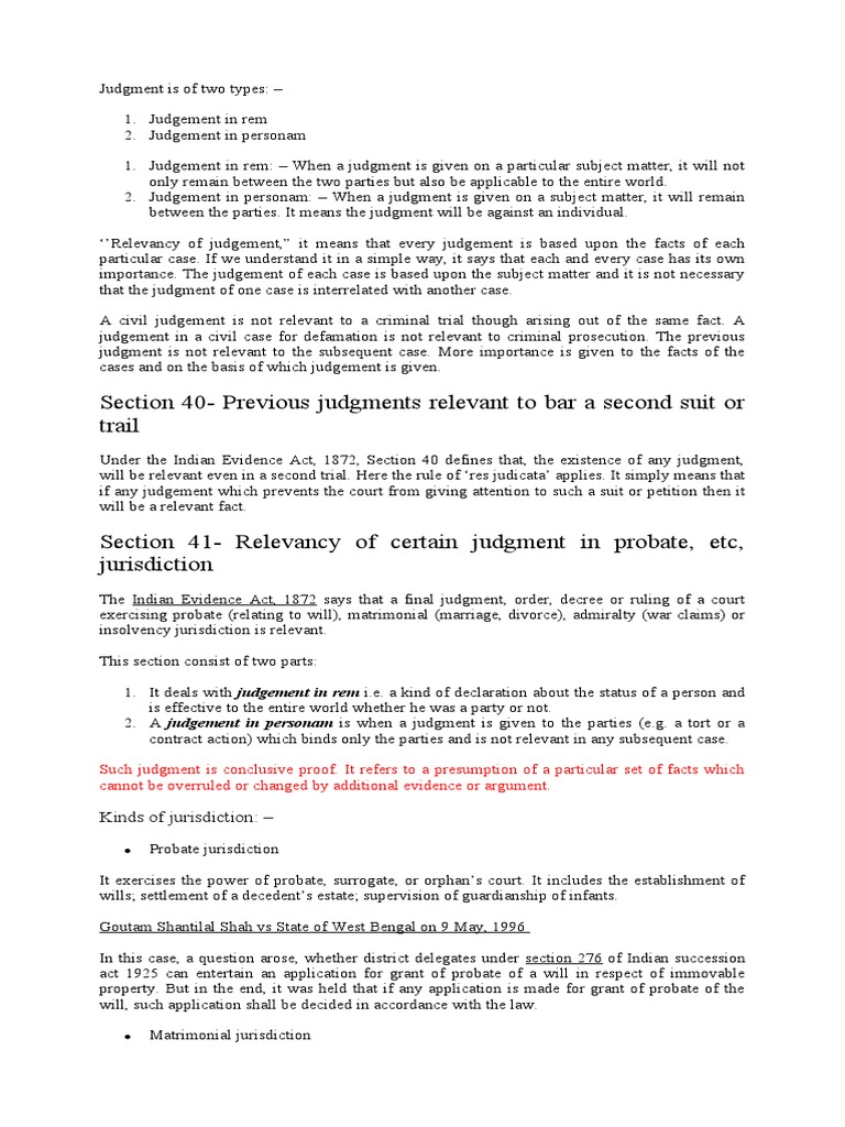 Section 40Previous Judgments Relevant To Bar A Second Suit or Trail