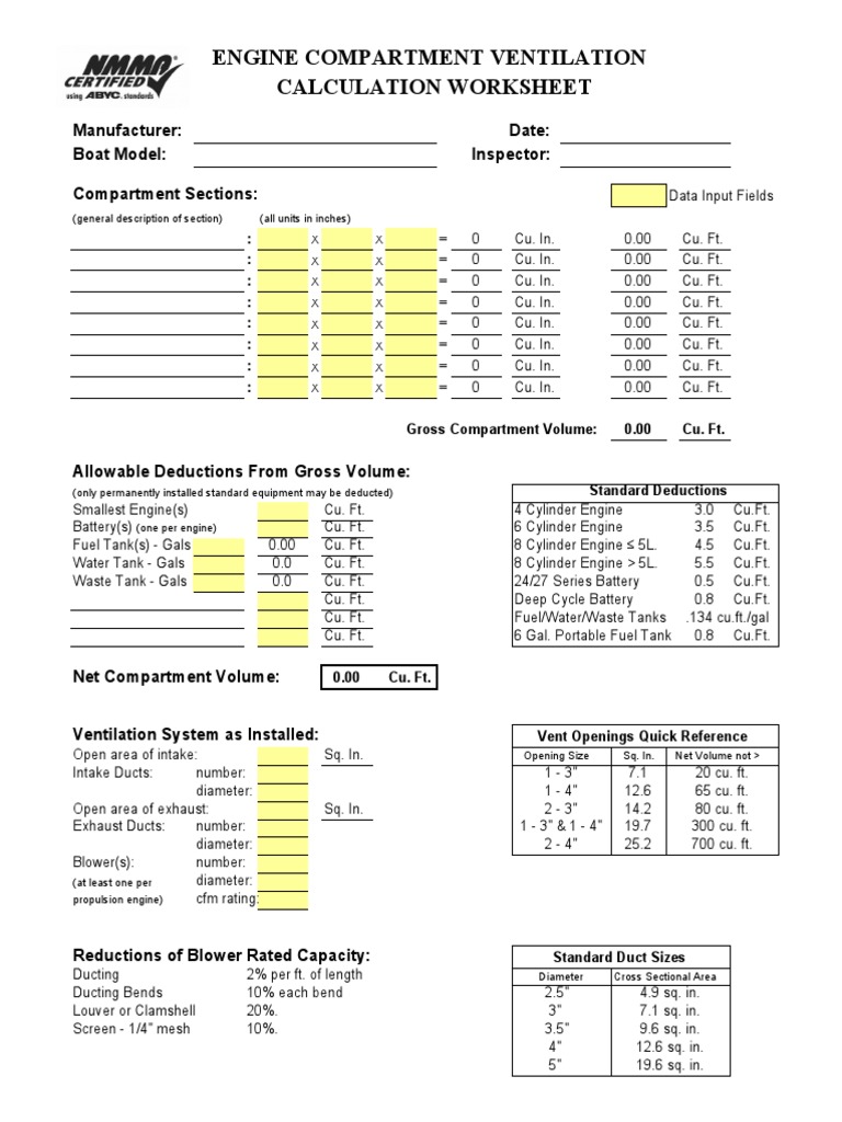 Engine Compartment Ventilation Calculation Worksheet Manufacturer