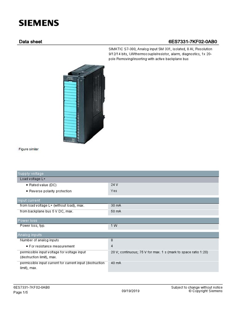 Data Sheet 6ES7331-7KF02-0AB0: Supply Voltage | PDF