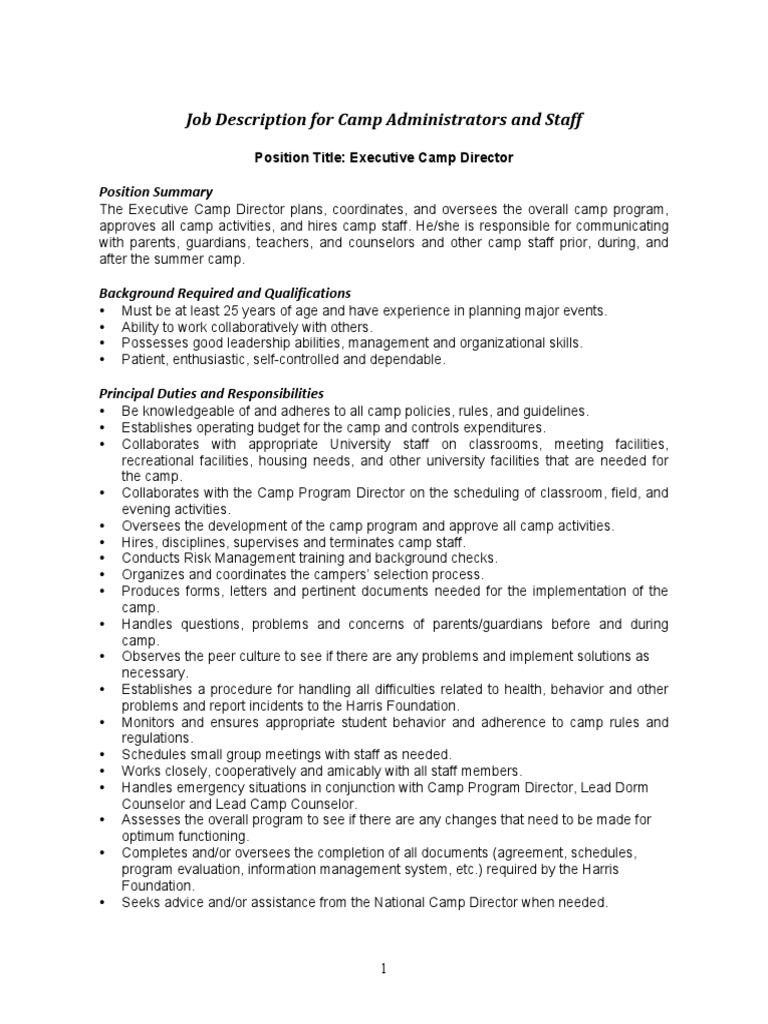 Summer Camp Job Descriptions PDF Teachers Nursing