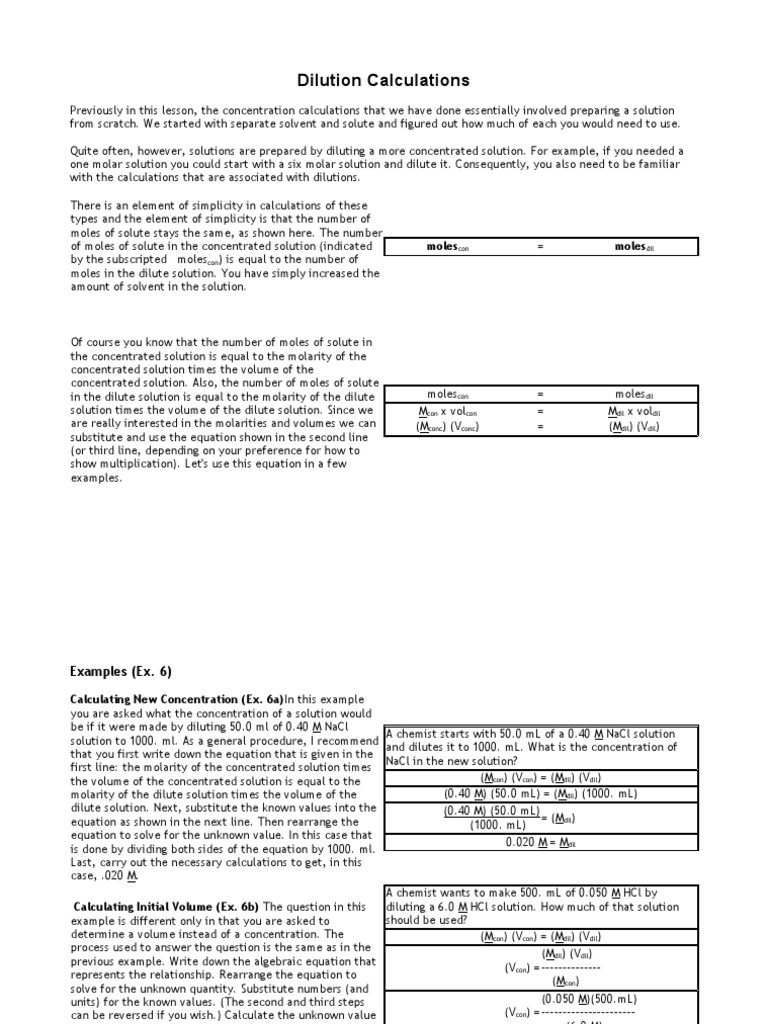 Dilution Calculations PDF Solution Concentration