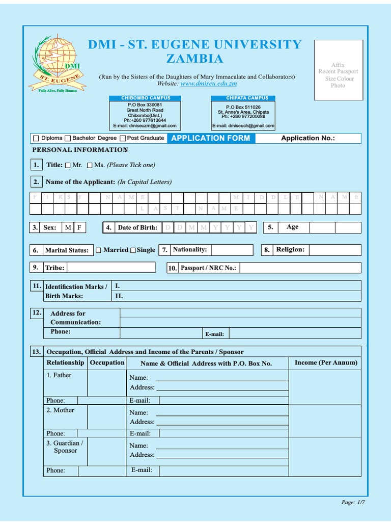 Dmi - St. Eugene University Zambia: Application Form | Download Free