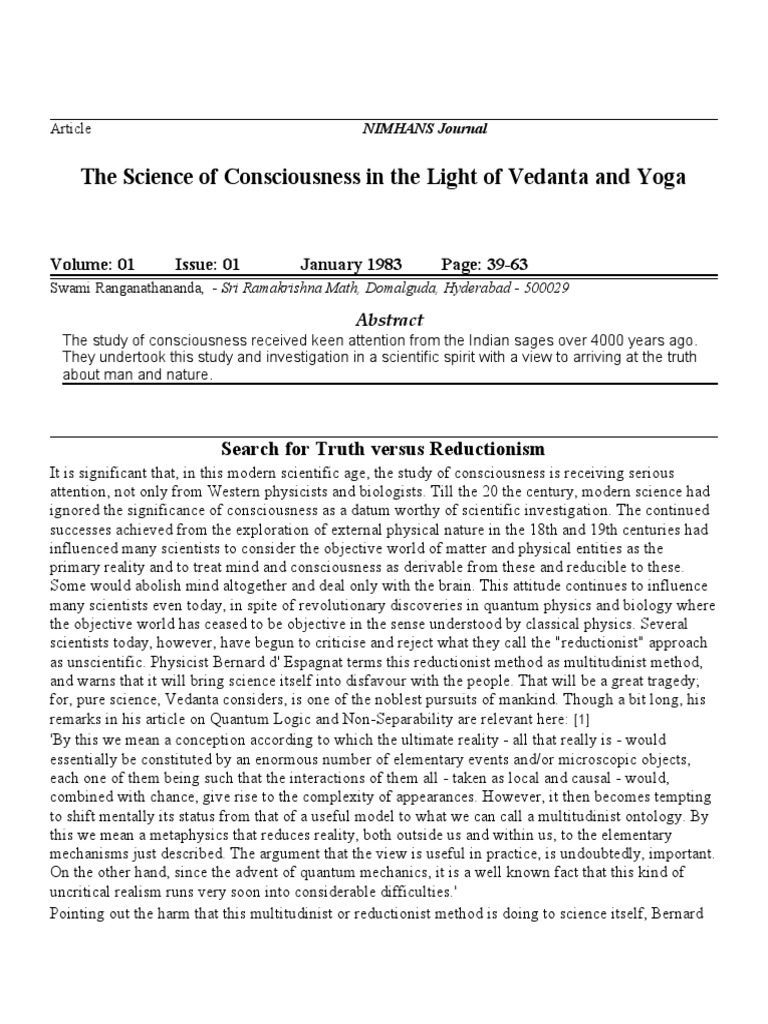 The Science of Consciousness in The Light of Vedanta and Yoga | PDF ...