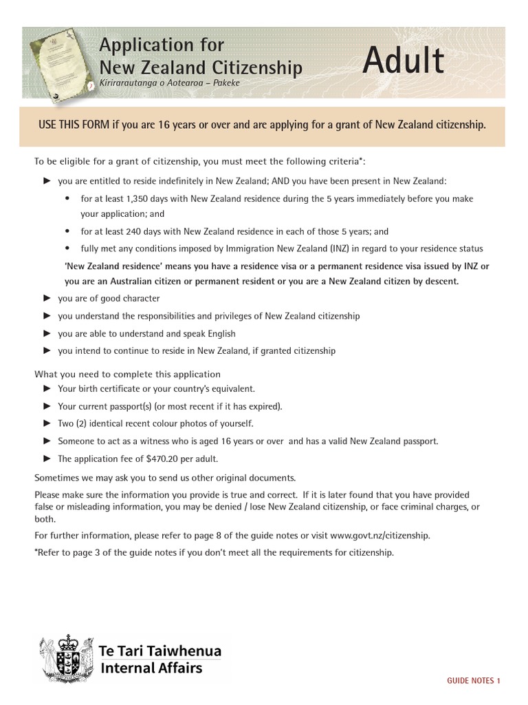 Adult: Application For New Zealand Citizenship | PDF | Oath Of 
