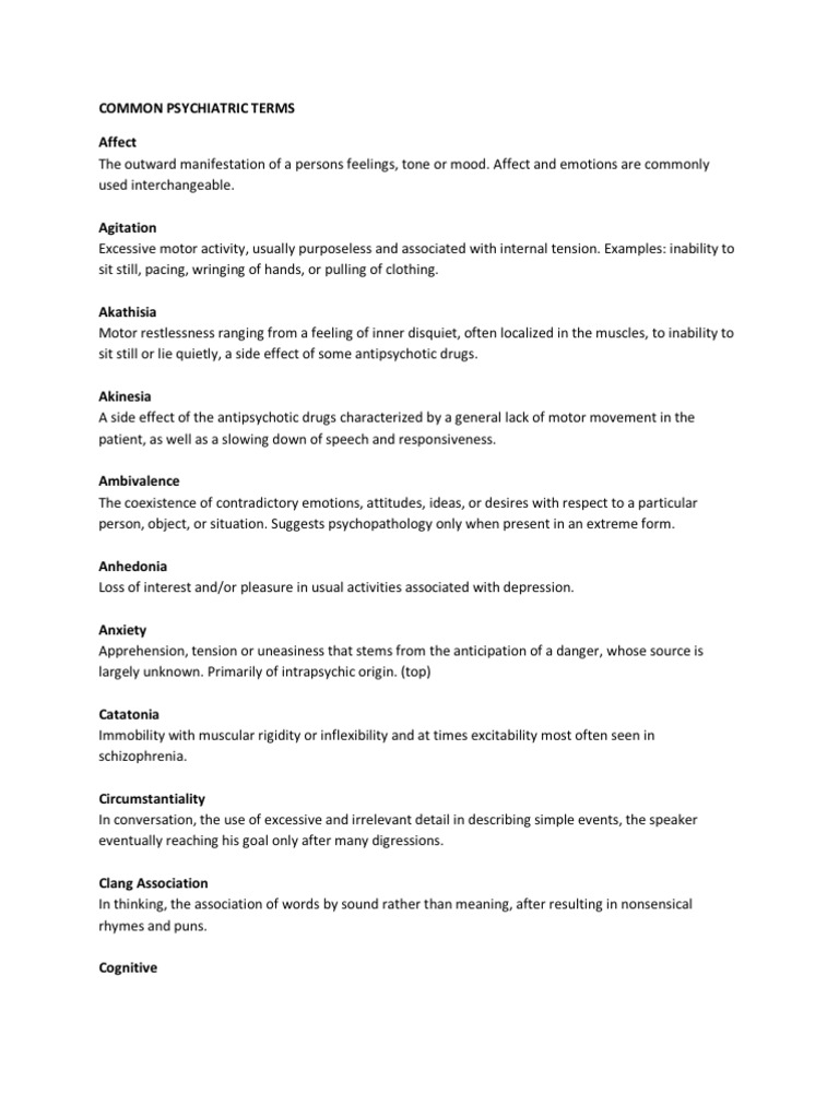 Common Psychiatric Terms Mania Perception