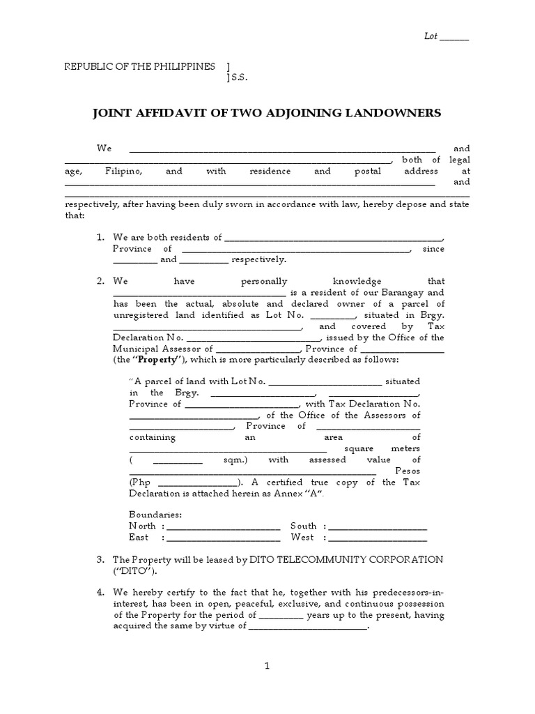 Template - Joint Affidavit of Two Adjoining Landowners (Unregistered ...