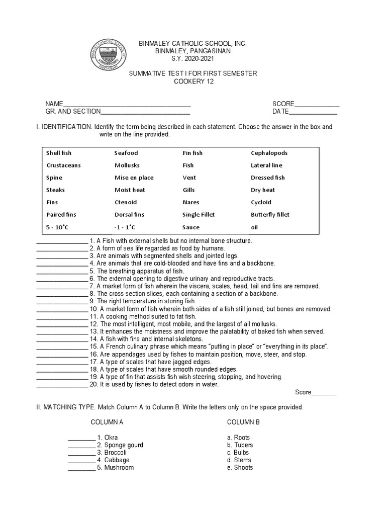 Summative Test - Cookery 12 | PDF | Fish | Foods