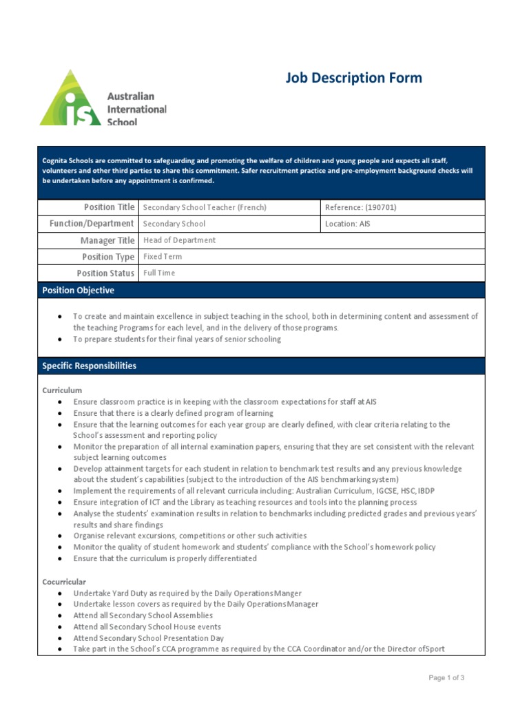 AIS Job Description - Secondary French Teacher JD | PDF | Curriculum ...