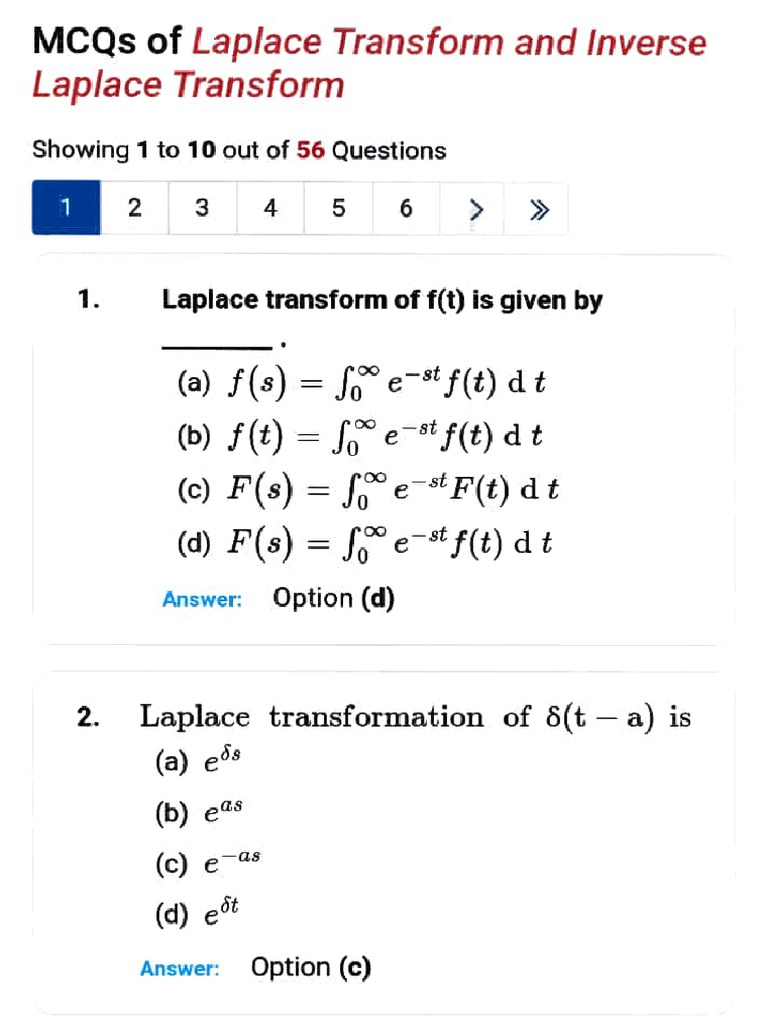 Laplace Transform Inverse Laplace Transform Mcq 1 Mathematical Analysis Calculus