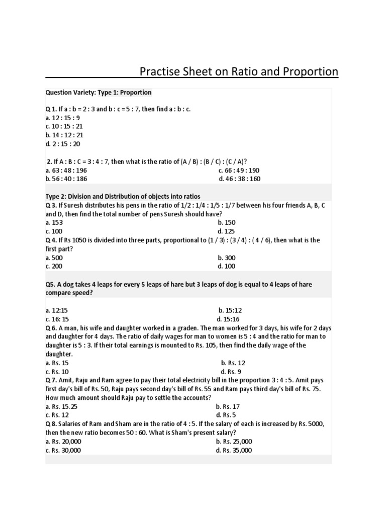3 2 Ratio Proportion Practise Sheet PDF Ratio Investing