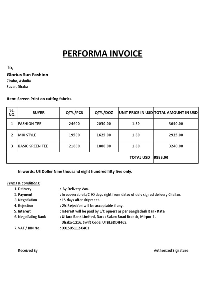 Performa Invoice for Fashion Apparel | PDF